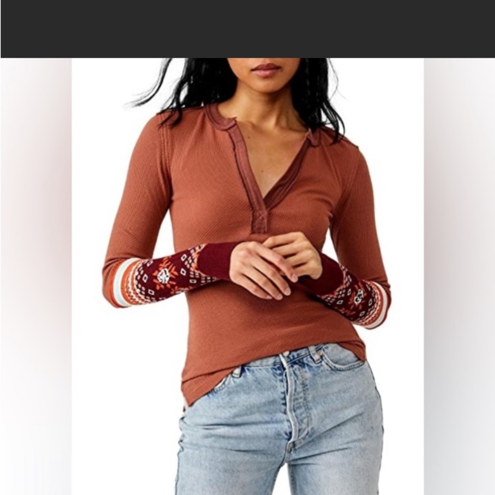 Free People Mikah Brown Orange Layering Cuff Shirt Size Large NWT
